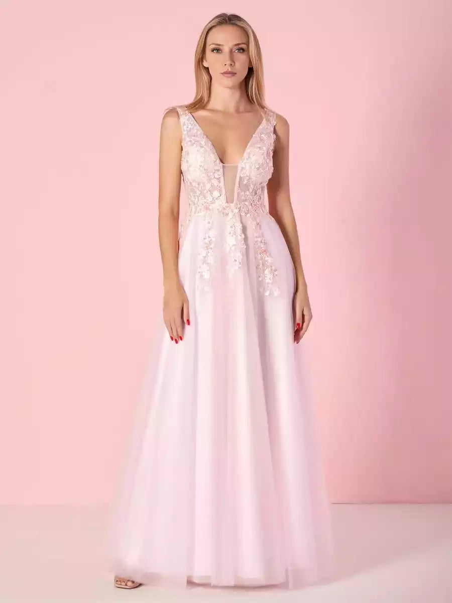 Fashionable and exquisite A-line V-neck and chiffon lace applique tight corset with zipper back Prom Dresses